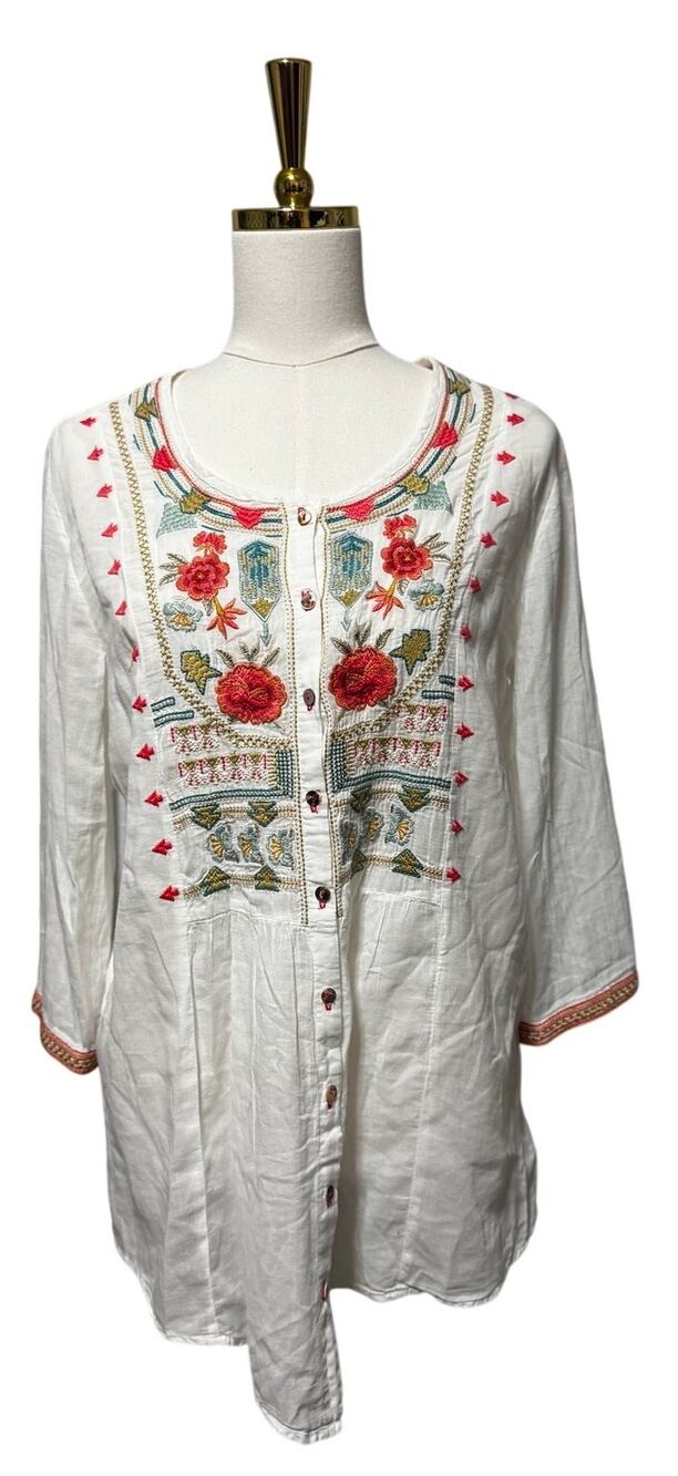Johnny Was 3J Workshop Embroidered White Floral Cotton Boho Tunic Medium